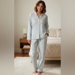 Lady Lindsay Baby Blue With Blue Flowers Cotton  Flannel Pajama Set 1X